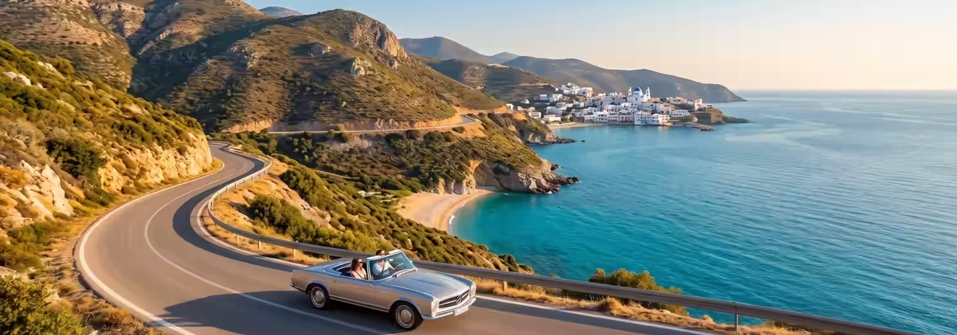 Car traveling on a winding mountain road under a clear blue sky